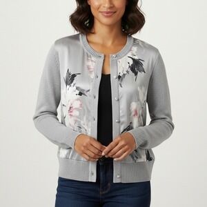 St. John Knit Cardigan Floral Silk Blend Women's Silver Size Medium